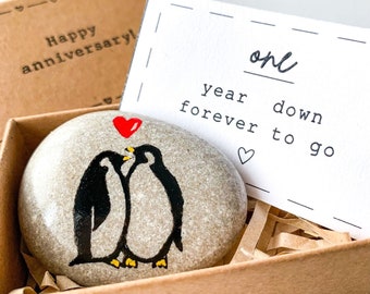 Personalized penguin 1 year anniversary gift for boyfriend, one year anniversary gift for girlfriend, 1st first anniversary gift for him her