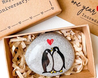 Personalized 1st Wedding Anniversary Penguin Pebble: Hand-Painted 1 Year together gift