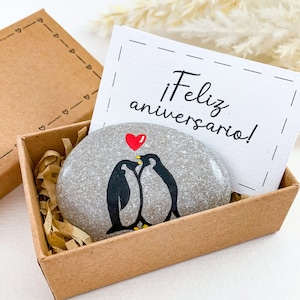 Spaanse Feliz aniversario Gepersonaliseerde pinguïn 3e verjaardagskaart voor hem man mannen, 3-jarig lederen jubileumcadeau voor haar echtgenotepaar