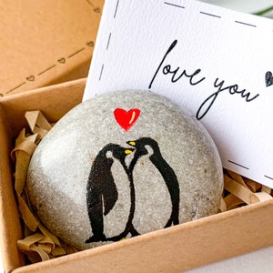 Penguin pebble Romantic gift for girlfriend boyfriend Small anniversary painted stone for husband  wife I love you pocket hug to him her