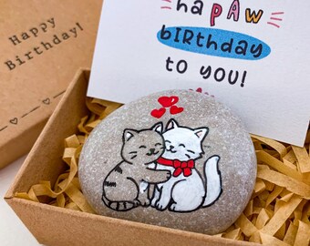 Gepersonaliseerde kattenpaar kiezelsteen: romantisch verjaardagscadeau voor haar/hem
