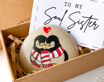 Personalized pocket hug penguins soulmate, Thinking of you soul sister gift, Small penguin gift rock, Cute unique Christmas present for her