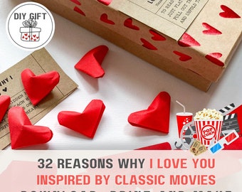 DIY What I love about you Movie lover gift for boyfriend husband anniversary 32 Reasons why I love you message hearts Birthday card for him