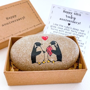 Personalized 40th wedding anniversary gift for parents couple husband wife Hand-painted pebble penguin with ruby