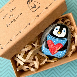 Penguin pebble Romantic gift for girlfriend boyfriend Small anniversary painted stone for husband  wife I love you pocket hug to him her