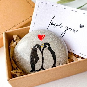 Penguin pebble Romantic gift for girlfriend boyfriend Small anniversary painted stone for husband  wife I love you pocket hug to him her