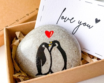 Pingouin galet cadeau romantique pour petite amie petit ami Petit anniversaire pierre peinte pour mari femme je t'aime poche câlin à lui elle