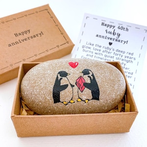 Personalized 40th wedding anniversary gift for parents couple husband wife Hand-painted pebble penguin with ruby