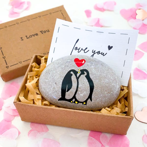 Personalised Penguin Pebble Romantic Gift for Girlfriend, Boyfriend, I love you card, Small funny anniversary gifts for husband wife him her