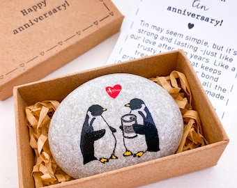 Personalized 10th anniversary gift for him or her Penguins couple with tin can hand painted rock Funny traditional gift for 10 year marriage