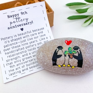 Personalized 9th anniversary gift for her 9 years wedding anniversary card for wife Penguin pebble Unique pottery anniversary gift by year