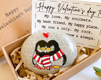 Personalized penguin rock wife husband valentine gift, cute romantic small gift to him her Valentines day, unique Vday card for husband wife