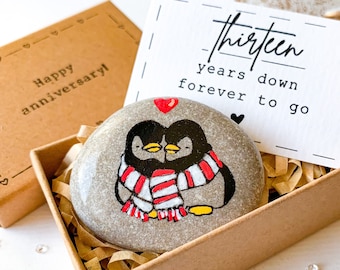 Personalized 13 year anniversary gift for him her, 13th anniversary penguins rock, lace anniversary gift for husband wife couple, funny card