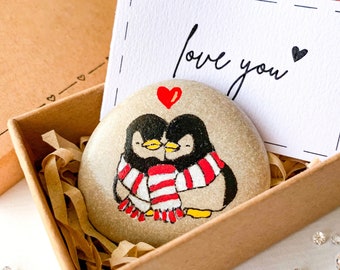 Penguin pebble Romantic gift for girlfriend boyfriend Small anniversary painted stone for husband  wife I love you pocket hug to him her