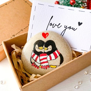Penguin pebble Romantic gift for girlfriend boyfriend Small anniversary painted stone for husband  wife I love you pocket hug to him her