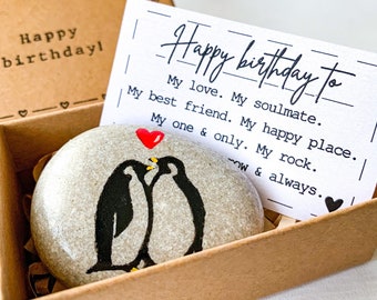 Personalized penguin pebble wife husband birthday gift, cute romantic small gift to him her birthday, unique birthday card for husband wife