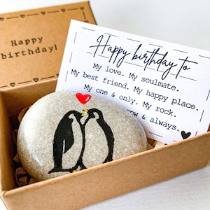 Personalized penguin pebble wife husband birthday gift, cute romantic small gift to him her birthday, unique birthday card for husband wife