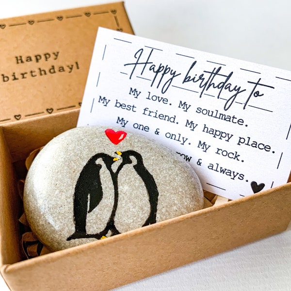 Personalized penguin pebble wife husband birthday gift, cute romantic small gift to him her birthday, unique birthday card for husband wife