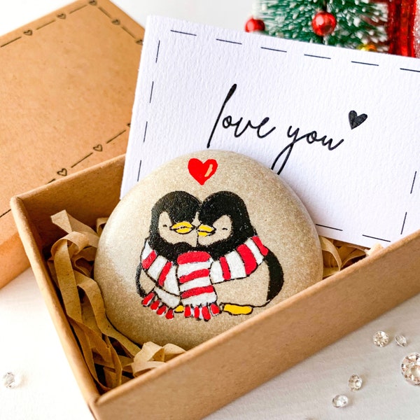 Personalized penguin pebble boyfriend Christmas gift, cute romantic small XMAS gift to him her, unique our 1st Christmas card for girlfriend