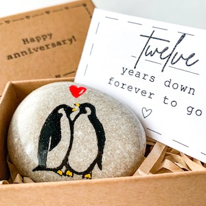 Gepersonaliseerde pinguïn cadeaus 12e verjaardag voor mannen echtgenoot vrouw, 12-jarig jubileumkaart per jaar voor hem haar koppels, jubileumcadeau