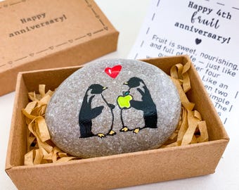 Personalized Fruit anniversary gift for husband wife traditional 4th anniversary card by year unique Hand-painted penguins with apple pebble