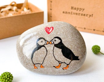 Personalized Small gift for boyfriend girlfriend Puffins bird pebble Romantic anniversary gift husband wife I love you pocket hug to him her