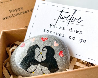 Personalized penguin 12th anniversary gift for husband wife, 12th anniversary gifts for men, Unique 12 year anniversary card for her him