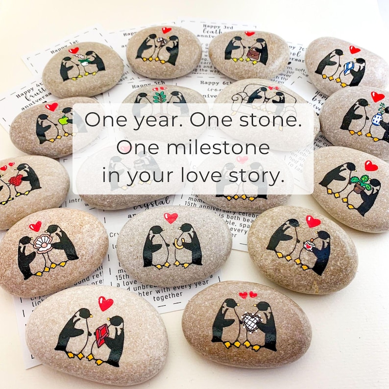 Personalized 10th anniversary gift for him or her Penguins couple with tin can hand painted rock Funny traditional gift for 10 year marriage image 15