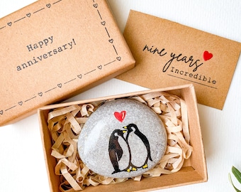 Personalized penguin 9th wedding anniversary gift for husband him, romantic 9 year anniversary gift for wife her, ninth 9th anniversary card