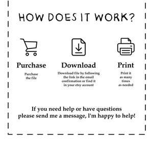 May include: A diagram explaining how to purchase, download, and print a digital file. The diagram includes three icons: a shopping cart, a download arrow, and a printer. The text says "How does it work?" and explains each step. The text also says "If you need help or have questions please send me a message, I'm happy to help!"
