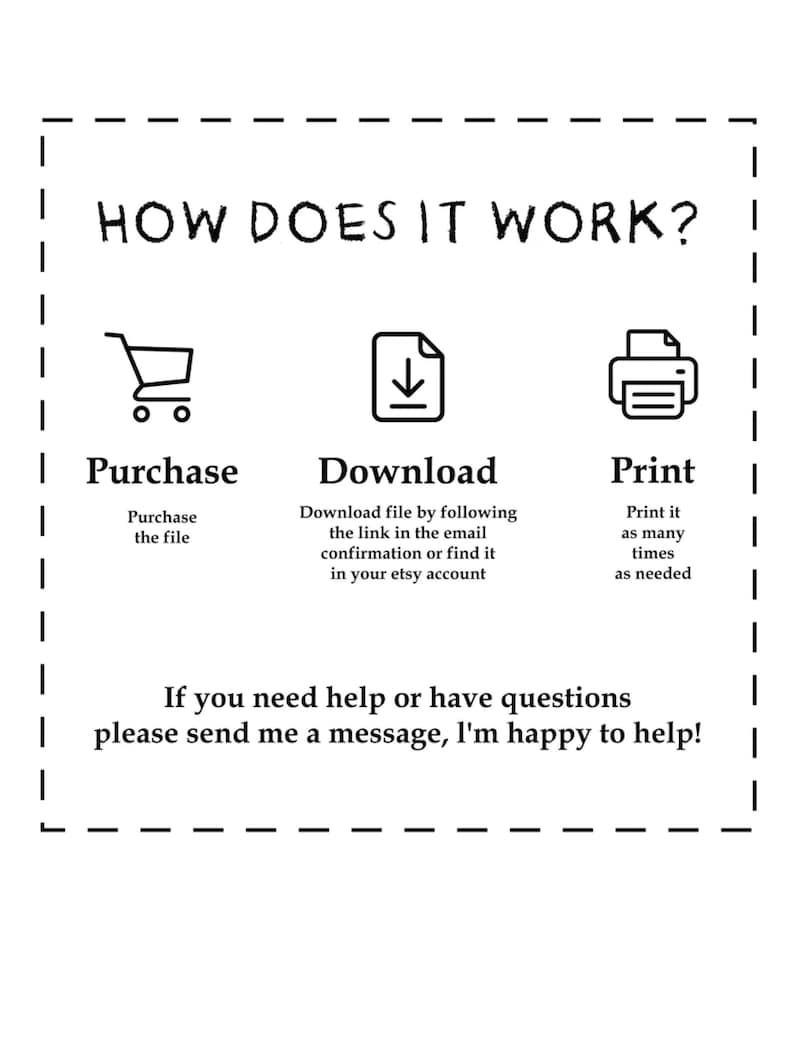 May include: A diagram explaining how to purchase, download, and print a digital file. The diagram includes three icons: a shopping cart, a download arrow, and a printer. The text says "How does it work?" and explains each step. The text also says "If you need help or have questions please send me a message, I'm happy to help!"