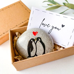 Penguin pebble Romantic gift for girlfriend boyfriend Small anniversary painted stone for husband  wife I love you pocket hug to him her