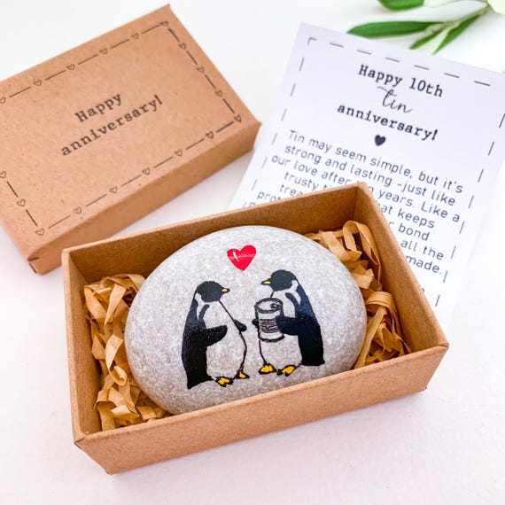 Personalized 10th anniversary gift for him or her Penguins couple with tin can hand painted rock Funny traditional gift for 10 year marriage
