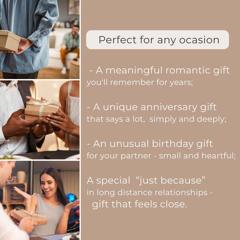 May include: The image shows a series of gift boxes being exchanged between people. The text reads "Perfect for any occasion" and describes the gifts as meaningful, unique, and special for various occasions.