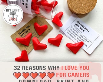 DIY 32 Reasons why I love you anniversary gift for him gamer boyfriend Nerdy husband birthday Gaming couple love notes Geeky nerd gag cards