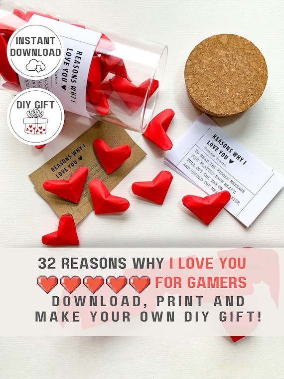 DIY 32 Reasons why I love you anniversary gift for him gamer boyfriend Nerdy husband birthday Gaming couple love notes Geeky nerd gag cards