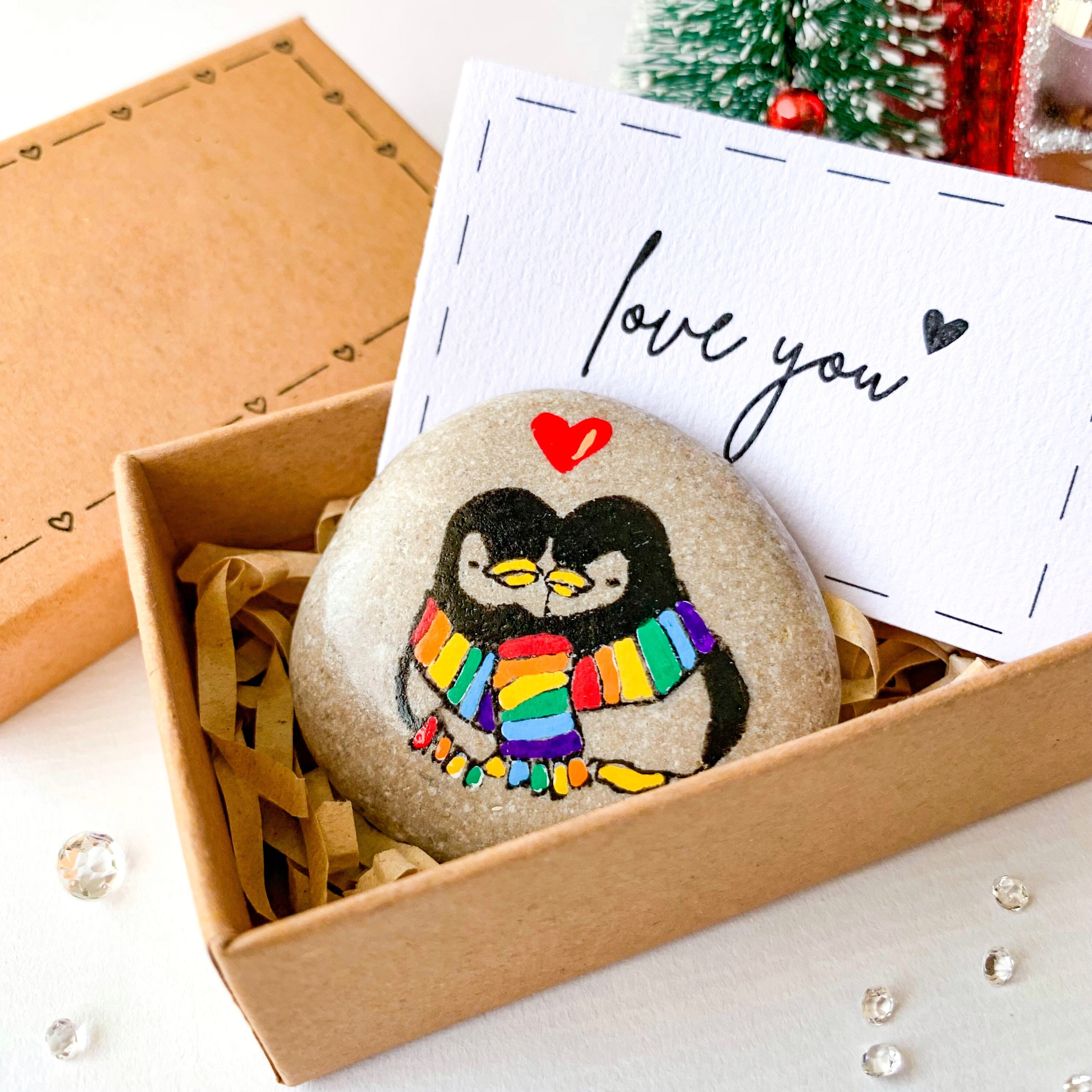 Personalized Unique Romantic Gift For Lesbian, Gay Couple Hand Painted Penguin Pebble Birthday Anniversary Christmas Valentines Day Present