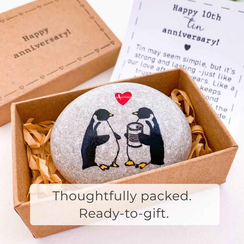 Personalized 10th anniversary gift for him or her Penguins couple with tin can hand painted rock Funny traditional gift for 10 year marriage Happy anniversary