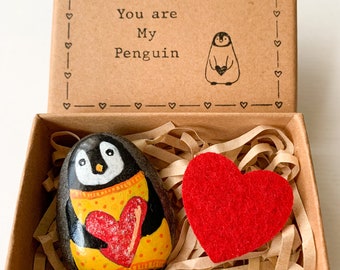 Penguin Pebble gift, My penguin love stone gifts for him, Cute ideas for a new boyfriend, Pocket penguin hug rock  Unique relationship gifts