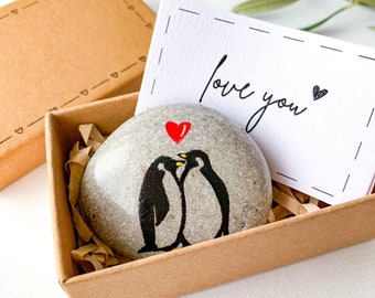 Personalised Penguin Pebble Romantic Gift for Girlfriend, Boyfriend, I love you card, Small funny anniversary gifts for husband wife him her