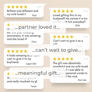 May include: Image features customer reviews in speech bubbles with star ratings. Reviews include phrases like "Brilliant and different," "partner loved it," and "meaningful gift." Names are listed below each review.