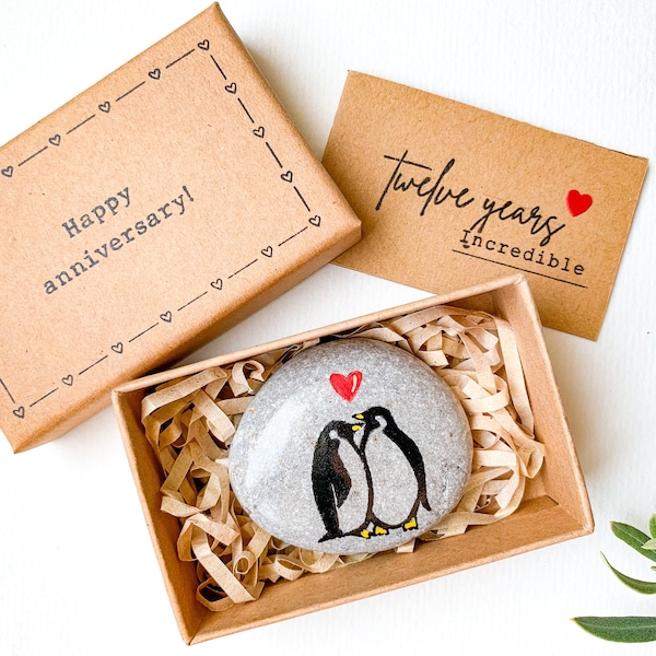 Personalized penguin 12th anniversary gift for husband wife, thoughtful 12th anniversary gifts for men, 12 year anniversary card for her him