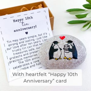 Personalized 10th anniversary gift for him or her Penguins couple with tin can hand painted rock Funny traditional gift for 10 year marriage image 6