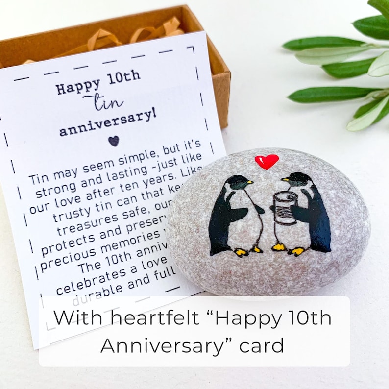 Personalized 10th anniversary gift for him or her Penguins couple with tin can hand painted rock Funny traditional gift for 10 year marriage image 6