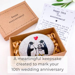 Personalized 10th anniversary gift for him or her Penguins couple with tin can hand painted rock Funny traditional gift for 10 year marriage image 5