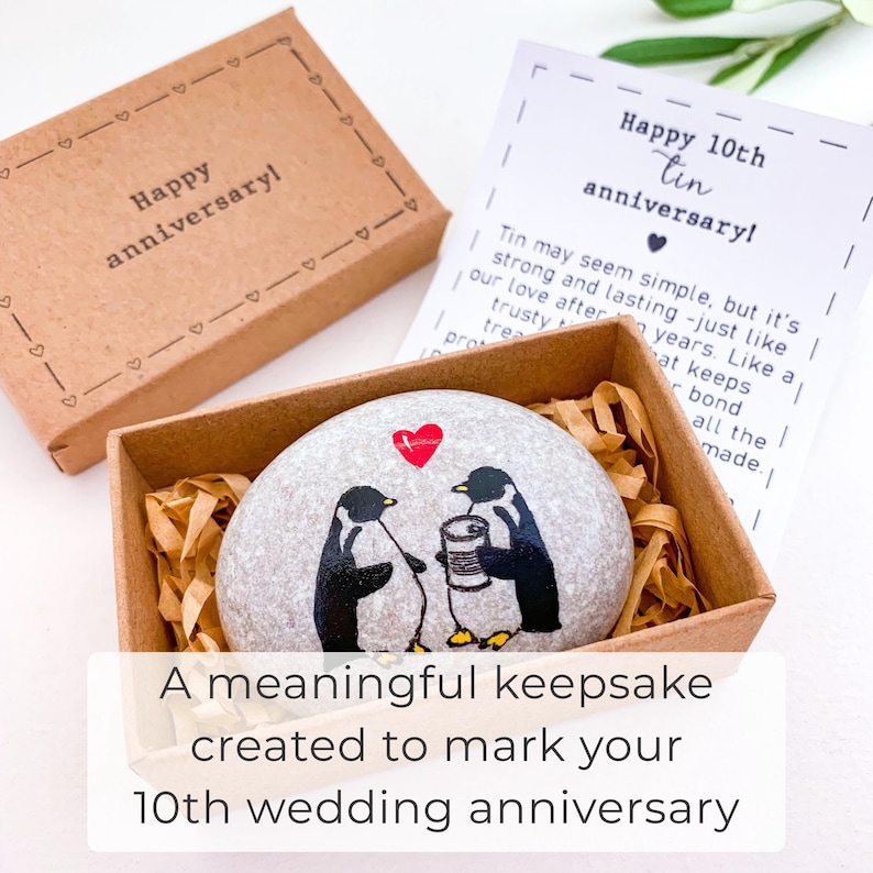 Personalized 10th anniversary gift for him or her Penguins couple with tin can hand painted rock Funny traditional gift for 10 year marriage image 5