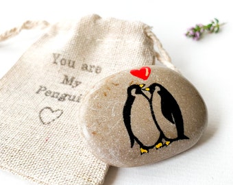 Personalized kissing penguin rock gift, Handmade 1 year anniversary gift for boyfriend, Our first year together gifts for him anniversary BF