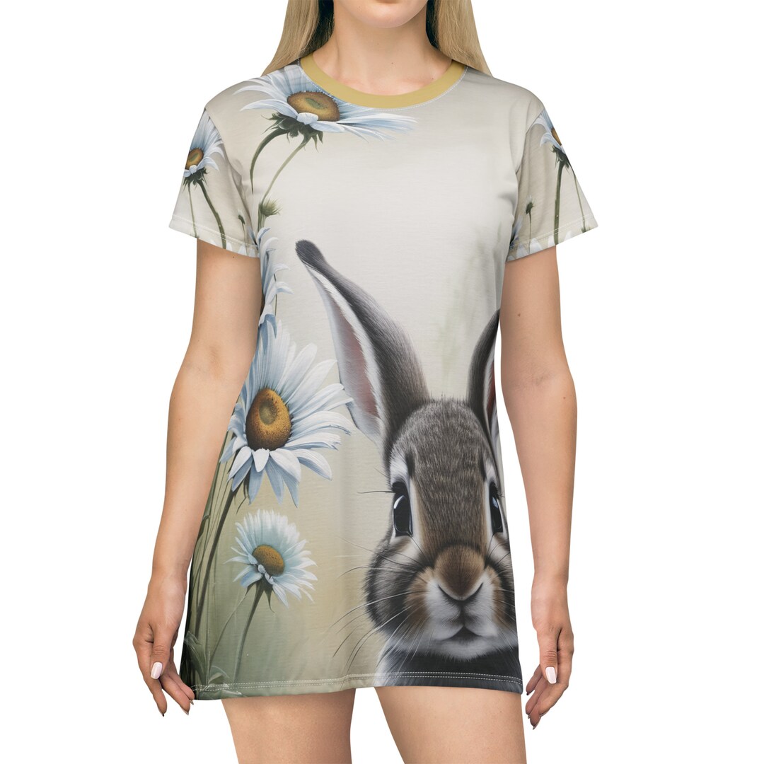Cute Bunny Print T-shirt Dress- Festival Clothing- T-shirt Dress - Mini ...