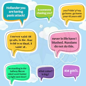 May include: A collection of speech bubble stickers with various phrases. The bubbles are in different colors, including blue, green, yellow, pink, purple, and white. The text includes phrases like "panic attack," "chasing you?" and "wow genetic."