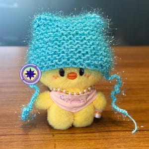 May include: A small yellow plush chick wearing a bright turquoise knitted hat with long dangling ties, a beaded necklace, and a light pink bandana featuring a heart and star graphic. A circular logo with a purple star and text is attached.